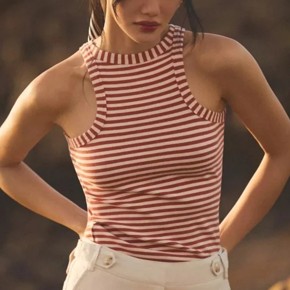 Maeve M Medium Red Cream Striped Tank Top Shirt Anthro Anthropologie
